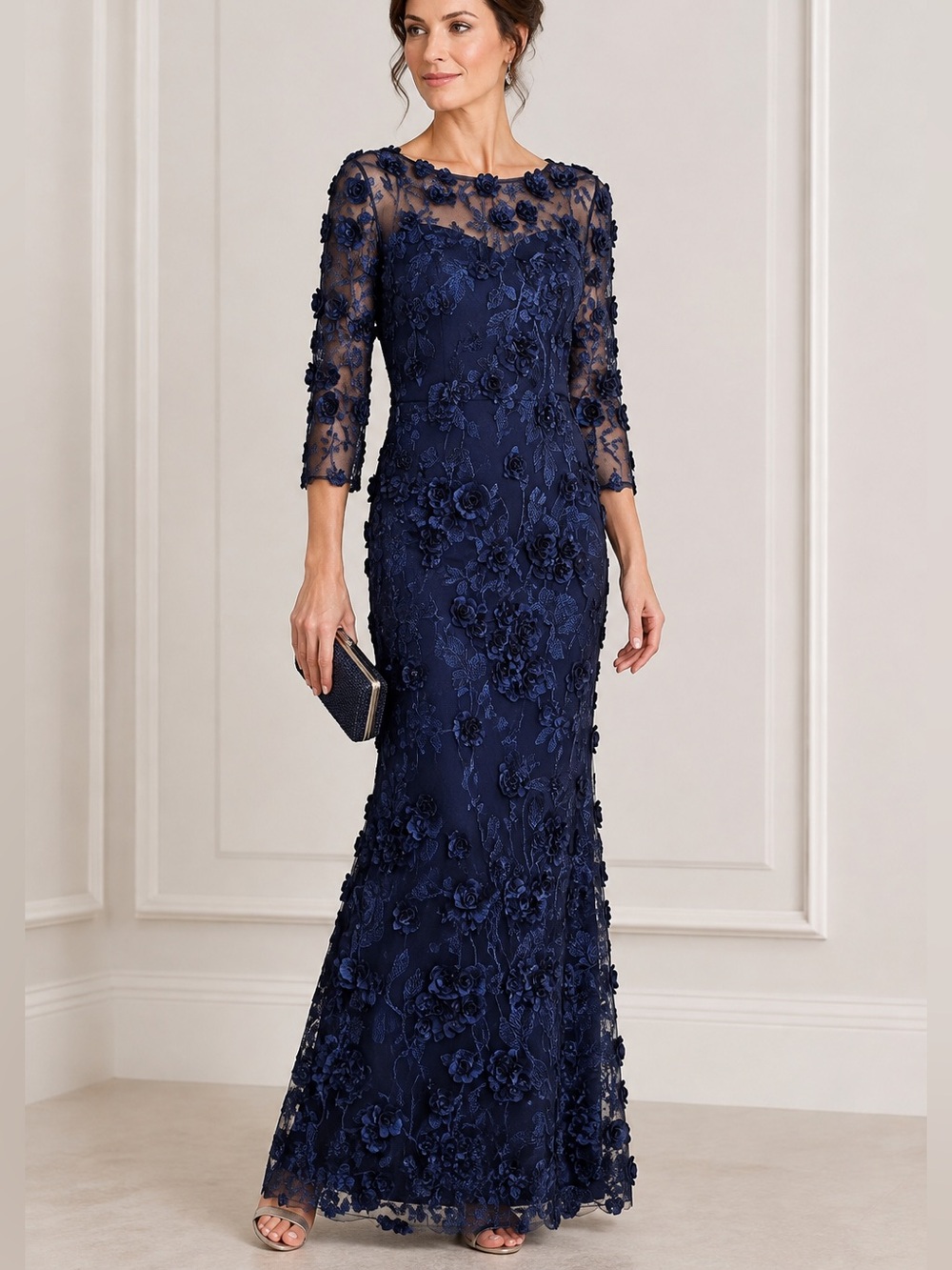 Alex Evenings Deep Navy Floral Appliqué Gown 3/4 Sleeve NWOT Gorgeous
